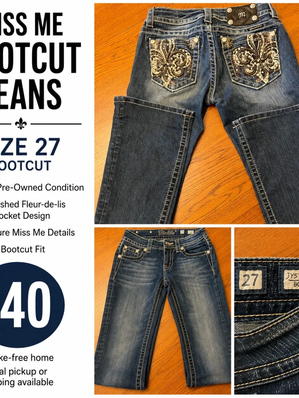 Miss Me Dark Blue Denim Bootcut Jeans with Gold Embellished Fleur-de-lis